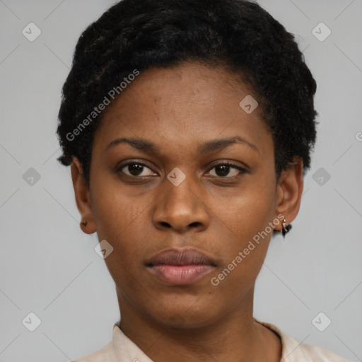 Neutral black young-adult female with short  black hair and brown eyes