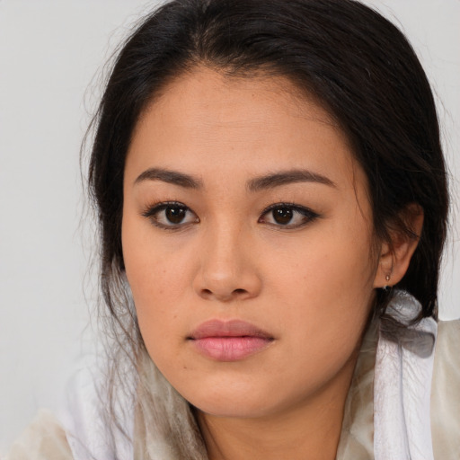 Neutral asian young-adult female with long  brown hair and brown eyes