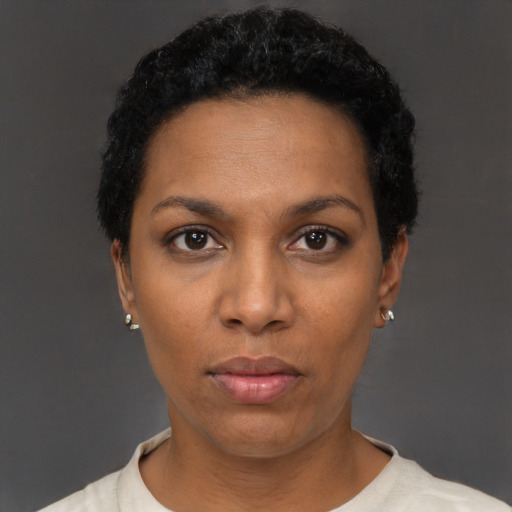 Neutral black young-adult female with short  black hair and brown eyes