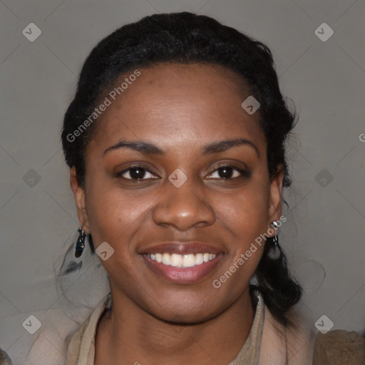 Joyful black young-adult female with medium  black hair and brown eyes