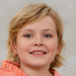 Joyful white child female with medium  brown hair and blue eyes