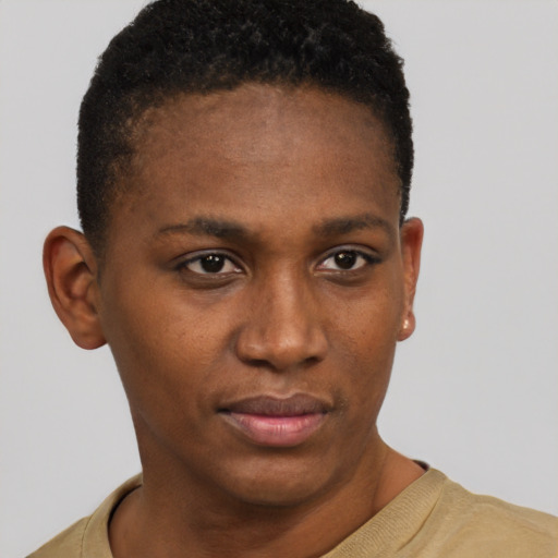 Neutral black young-adult female with short  brown hair and brown eyes