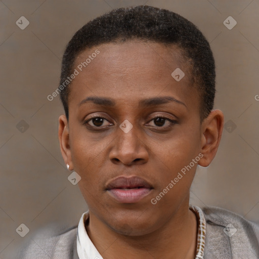 Neutral latino young-adult female with short  brown hair and brown eyes