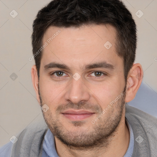 Joyful white young-adult male with short  brown hair and brown eyes