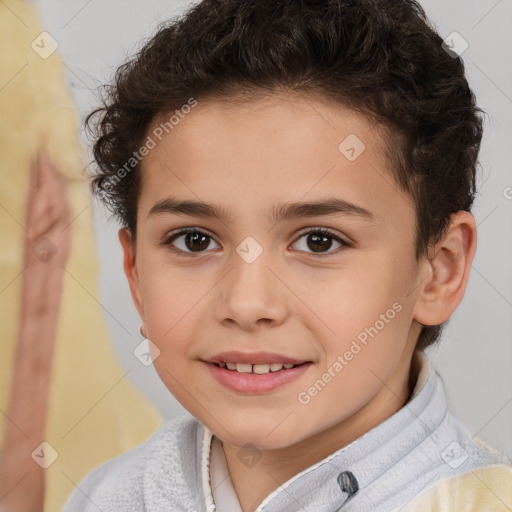 Joyful white child female with short  brown hair and brown eyes