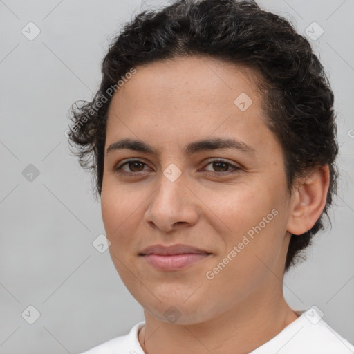 Joyful white young-adult female with short  brown hair and brown eyes