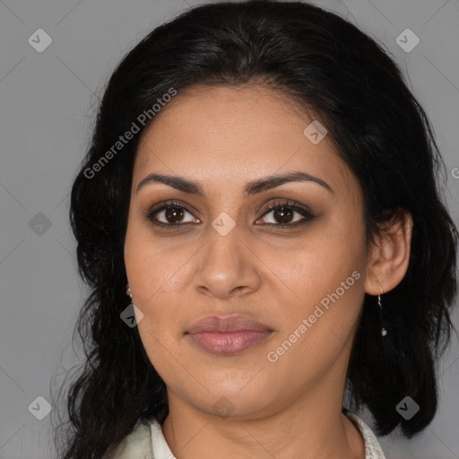 Joyful latino young-adult female with medium  brown hair and brown eyes