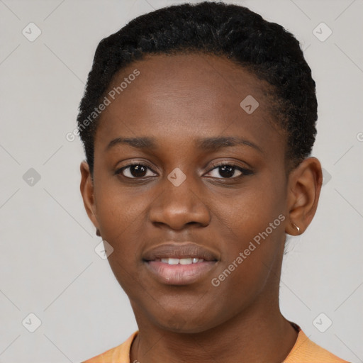 Neutral black young-adult female with short  brown hair and brown eyes