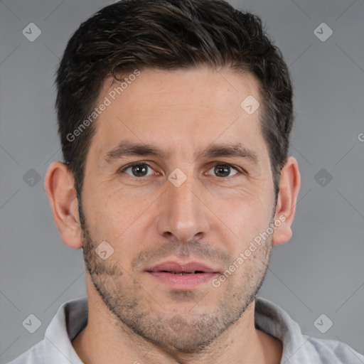 Neutral white adult male with short  brown hair and brown eyes