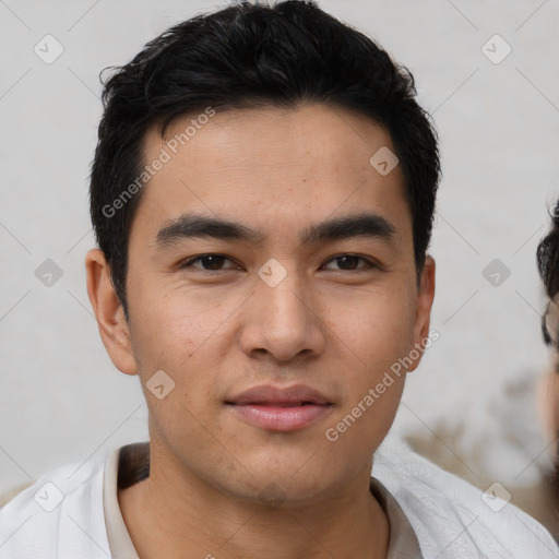 Neutral asian young-adult male with short  brown hair and brown eyes