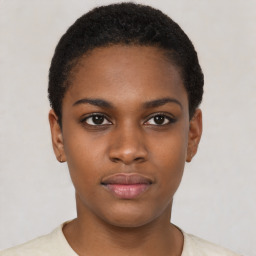 Neutral black young-adult female with short  black hair and brown eyes