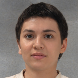 Neutral white young-adult female with short  brown hair and brown eyes