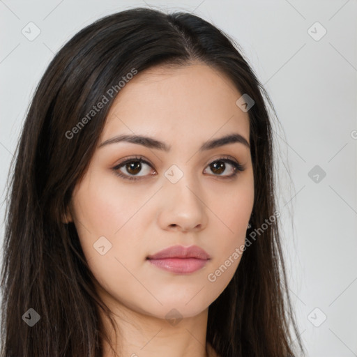 Neutral white young-adult female with long  brown hair and brown eyes