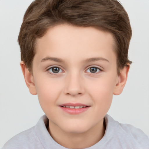 Joyful white child female with short  brown hair and brown eyes