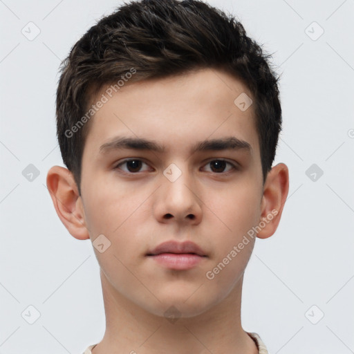 Neutral white young-adult male with short  brown hair and brown eyes