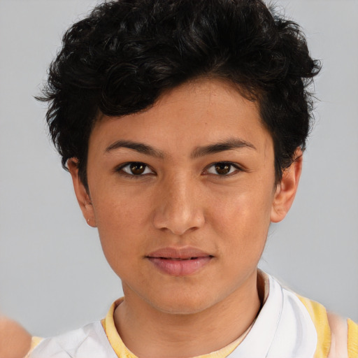 Neutral white young-adult female with short  brown hair and brown eyes