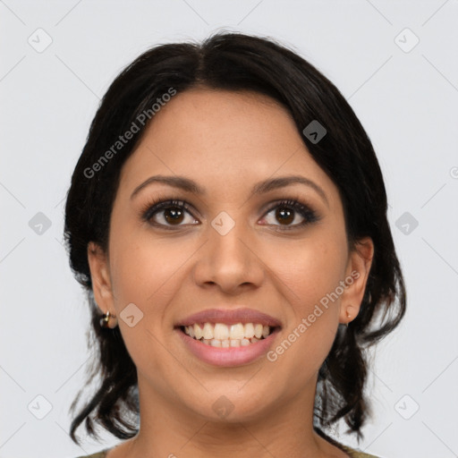 Joyful latino young-adult female with medium  black hair and brown eyes