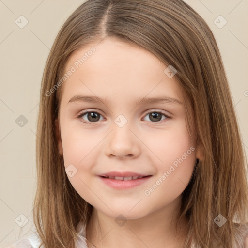 Joyful white child female with long  brown hair and brown eyes