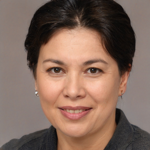 Joyful white adult female with medium  brown hair and brown eyes