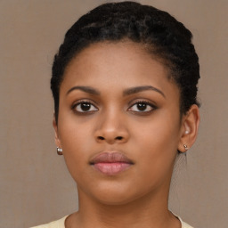 Neutral black young-adult female with short  brown hair and brown eyes