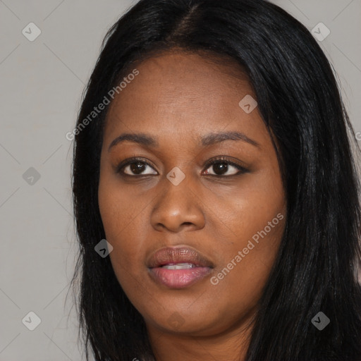 Joyful asian young-adult female with long  black hair and brown eyes