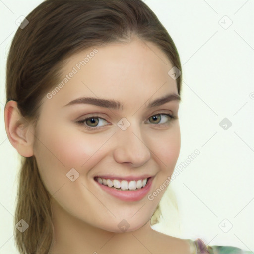 Joyful white young-adult female with long  brown hair and green eyes