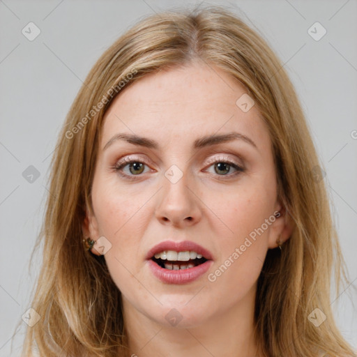 Joyful white young-adult female with long  brown hair and brown eyes