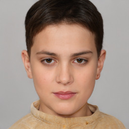 Neutral white young-adult female with short  brown hair and brown eyes