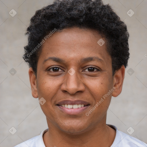 Joyful latino adult male with short  black hair and brown eyes