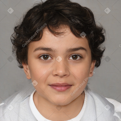 Joyful white child female with medium  brown hair and brown eyes