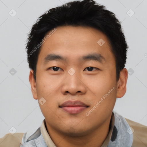 Neutral asian young-adult male with short  black hair and brown eyes