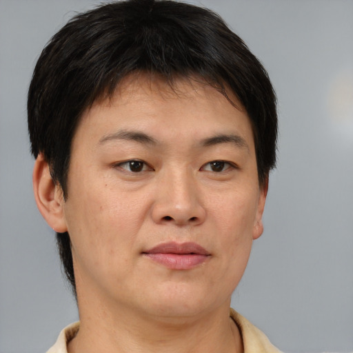 Joyful asian adult female with short  brown hair and brown eyes