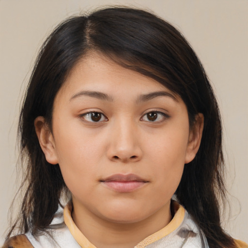 Neutral asian young-adult female with medium  brown hair and brown eyes