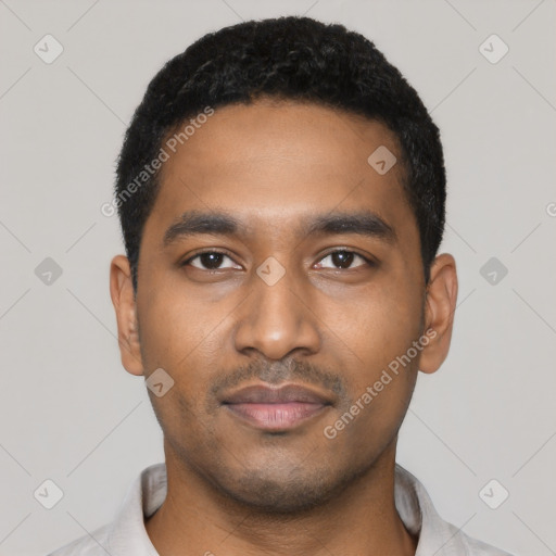 Neutral black young-adult male with short  black hair and brown eyes
