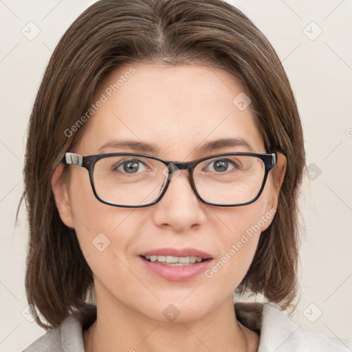 Joyful white young-adult female with medium  brown hair and blue eyes