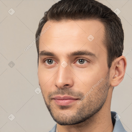 Neutral white young-adult male with short  brown hair and brown eyes