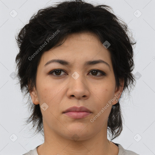 Neutral asian young-adult female with medium  brown hair and brown eyes