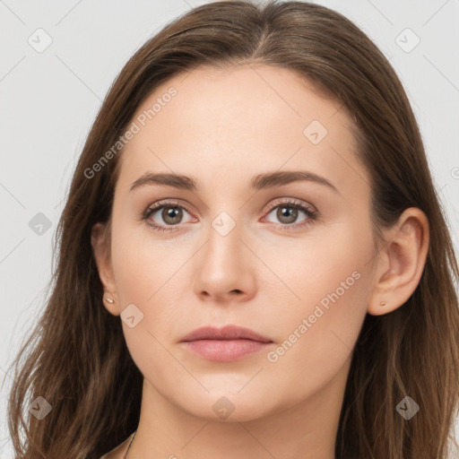 Neutral white young-adult female with long  brown hair and grey eyes