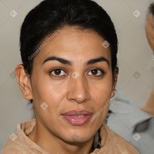 Joyful latino young-adult female with short  brown hair and brown eyes