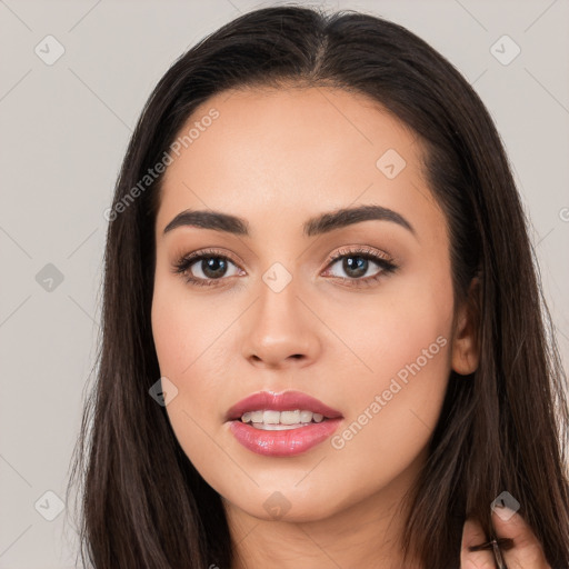 Neutral white young-adult female with long  brown hair and brown eyes