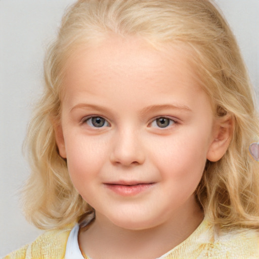 Joyful white child female with medium  blond hair and blue eyes