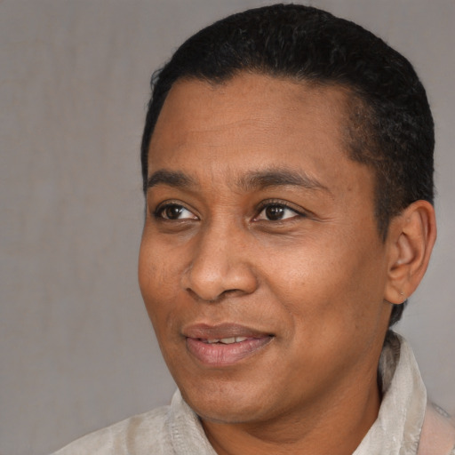 Joyful black adult female with short  black hair and brown eyes