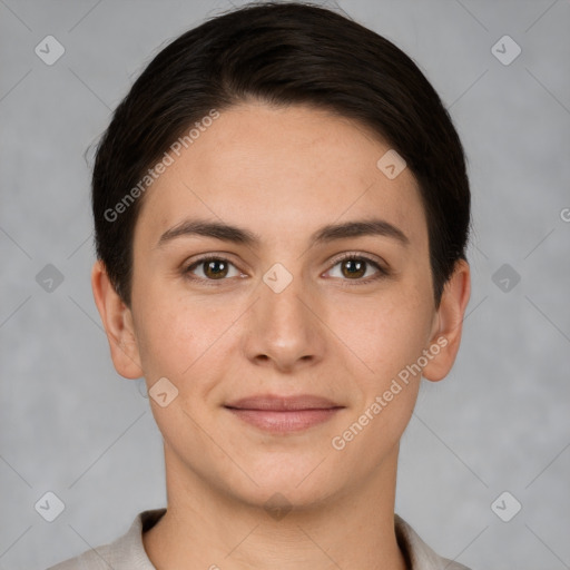 Joyful white young-adult female with short  brown hair and brown eyes