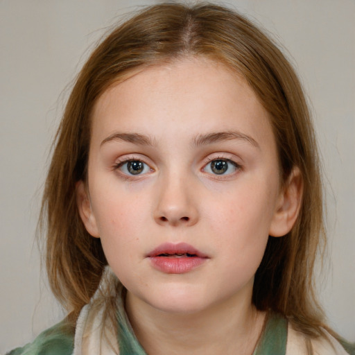 Neutral white child female with medium  brown hair and blue eyes