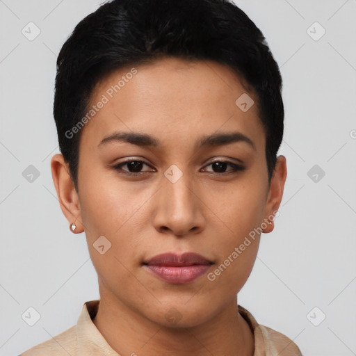 Joyful latino young-adult female with short  black hair and brown eyes