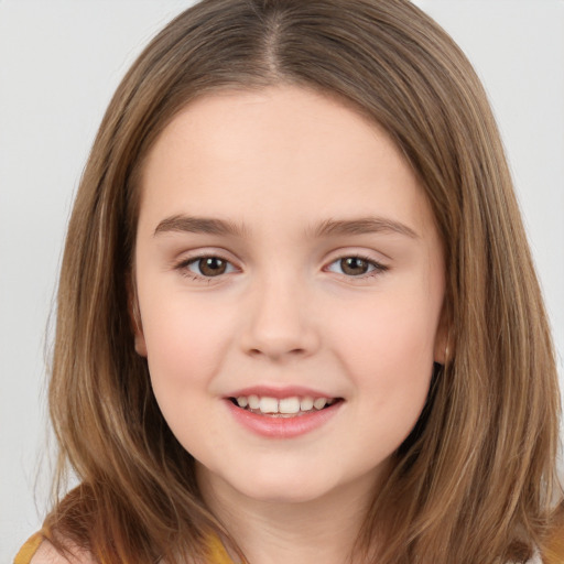 Joyful white child female with medium  brown hair and brown eyes