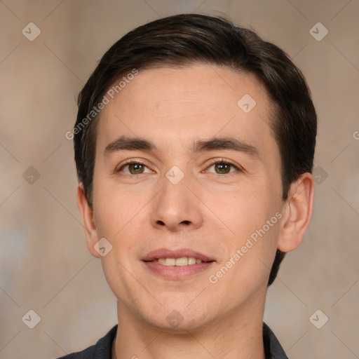 Joyful white young-adult male with short  brown hair and brown eyes