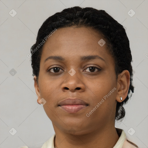 Neutral black young-adult female with short  black hair and brown eyes