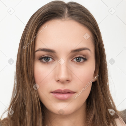 Neutral white young-adult female with long  brown hair and brown eyes