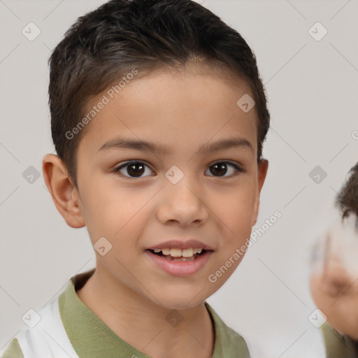 Joyful white child female with short  brown hair and brown eyes